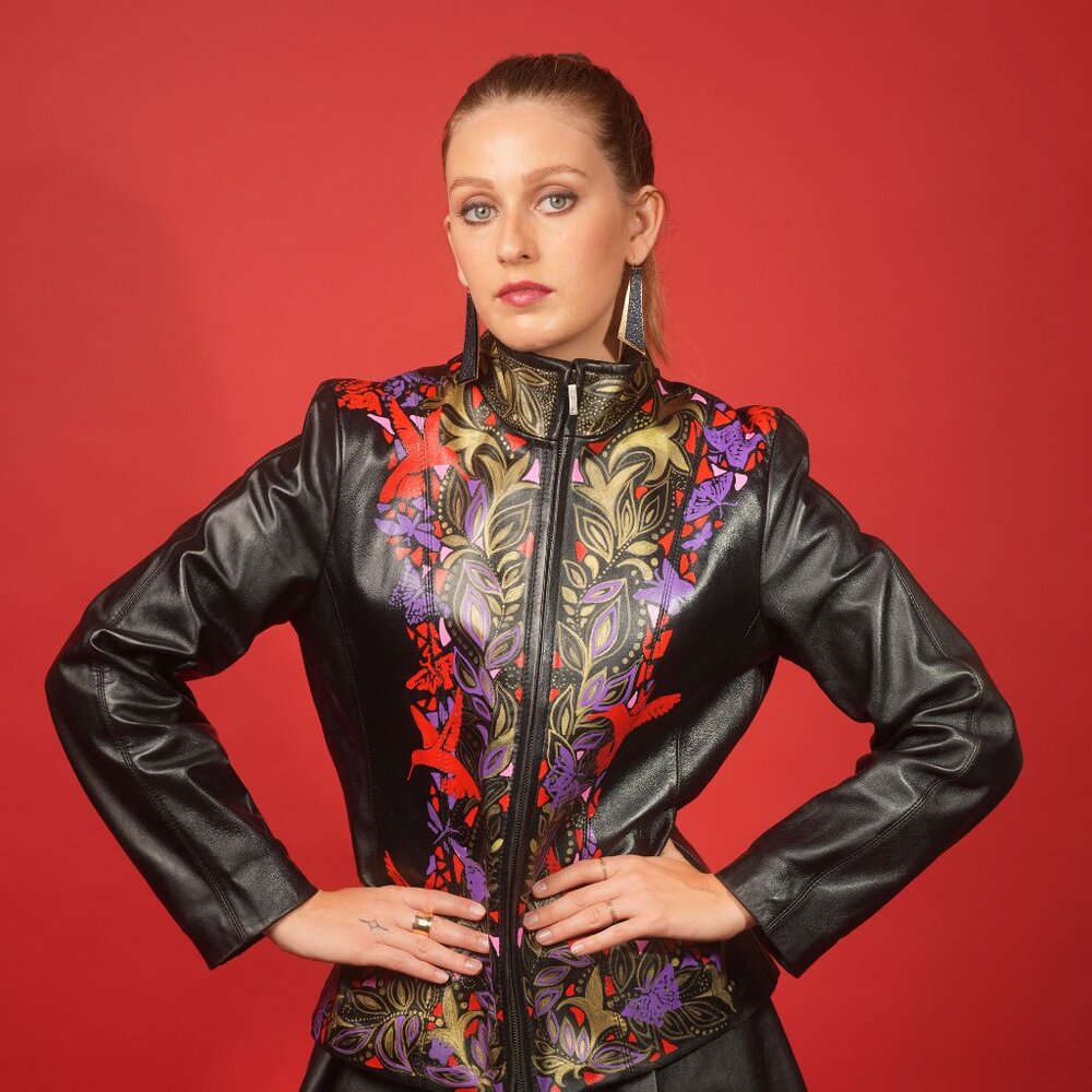 Upcycled Floral Unique Hand-Painted Black Leather Jacket, SPARK + REBEL, Size M